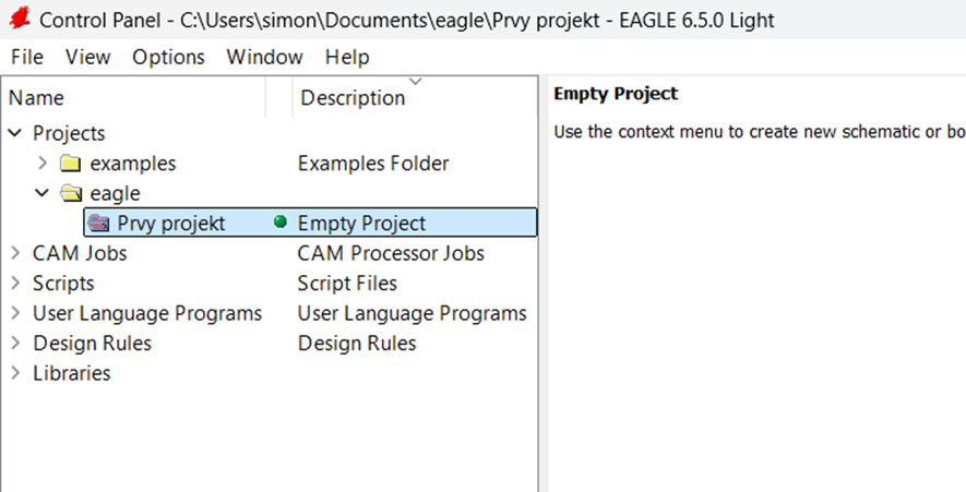 Nový projekt Prvy projekt v Control Panel